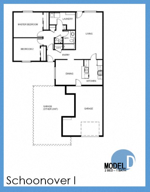 Floor plan for 2 beds, 1 bath, 982 sqft